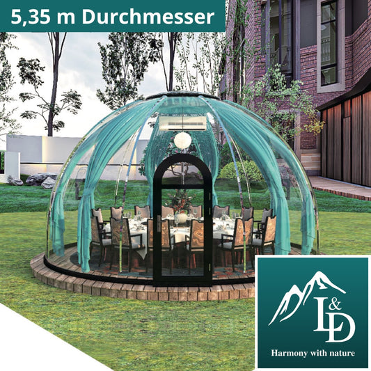 Skleněná kopule Igloo z polykarbonátu 5,35 m, bublinová kopule, skleněná kopule, skleněný dům, zimní zahrada, vodotěsná, nárazuvzdorná, odolná vůči ohni, větru a sněhu