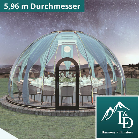 Skleněná kopule Igloo z polykarbonátu 5,96 m, bublinová kopule, skleněná kopule, skleněný dům, zimní zahrada, vodotěsná, nárazuvzdorná, odolná vůči ohni, větru a sněhu