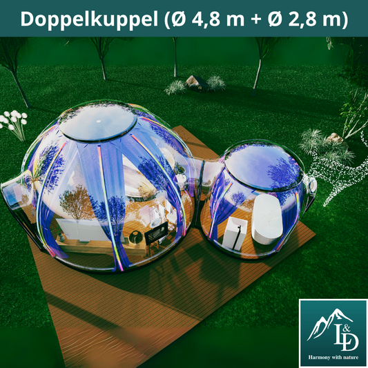 Skleněná kopule Igloo z polykarbonátu 4,80 + 2,80 m, bublinová kopule, skleněná kopule, skleněný dům, zimní zahrada, vodotěsná, nárazuvzdorná, odolná vůči ohni, větru a sněhu