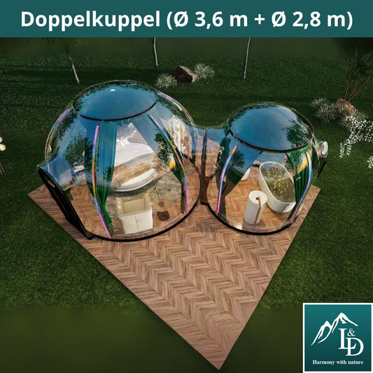 Skleněná kopule Igloo z polykarbonátu 3,6 + 2,8 m, bublinová kopule, skleněná kopule, skleněný dům, zimní zahrada, vodotěsná, nárazuvzdorná, odolná vůči ohni, větru a sněhu