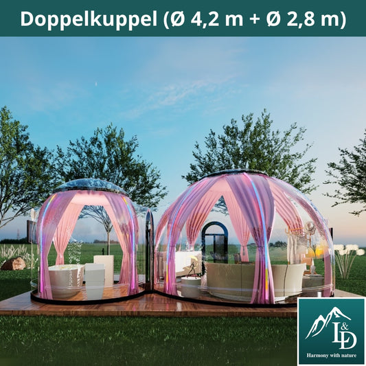Skleněná kopule Igloo z polykarbonátu 4,2 + 2,8 m, bublinová kopule, skleněná kopule, skleněný dům, zimní zahrada, vodotěsná, nárazuvzdorná, odolná vůči ohni, větru a sněhu