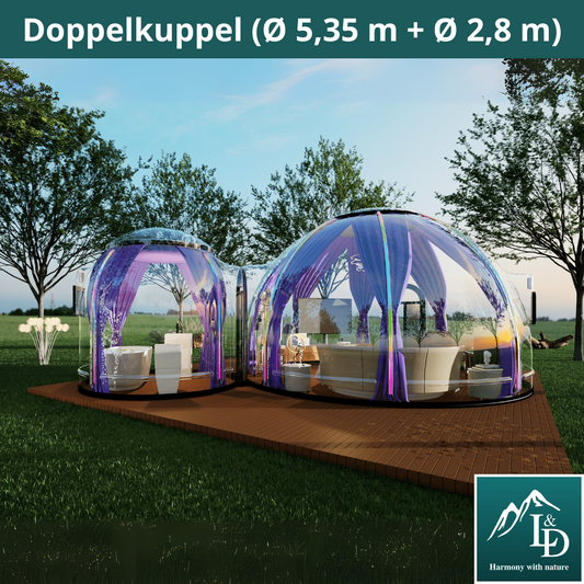 Skleněná kopule Igloo z polykarbonátu 5,35 + 2,8 m, bublinová kopule, skleněná kopule, skleněný dům, zimní zahrada, vodotěsná, nárazuvzdorná, odolná vůči ohni, větru a sněhu