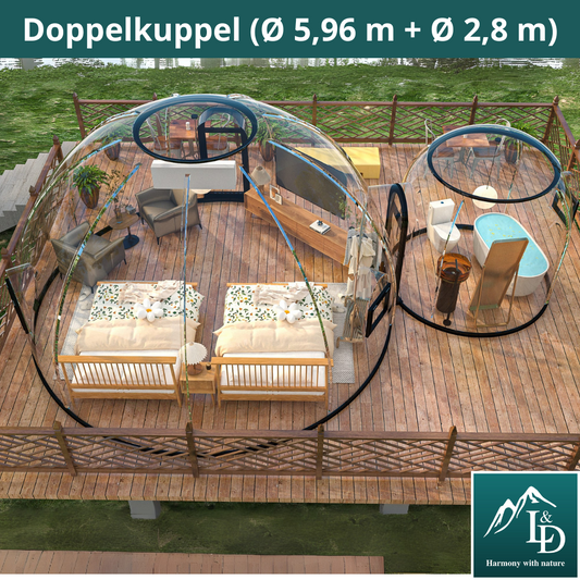 Skleněná kopule Igloo z polykarbonátu 5,96 + 2,8 m, bublinová kopule, skleněná kopule, skleněný dům, zimní zahrada, vodotěsná, nárazuvzdorná, odolná vůči ohni, větru a sněhu