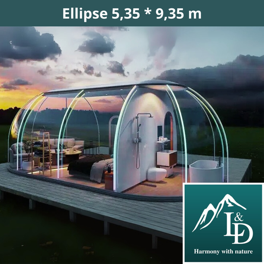 Oválná polykarbonátová skleněná kopule o rozměrech 5,35 * 9,35 m, bublinová kopule, skleněný dům, skleněná kopule, zimní zahrada, skleněné iglú, vodotěsná, nárazuvzdorná, odolná vůči ohni, větru a sněhu