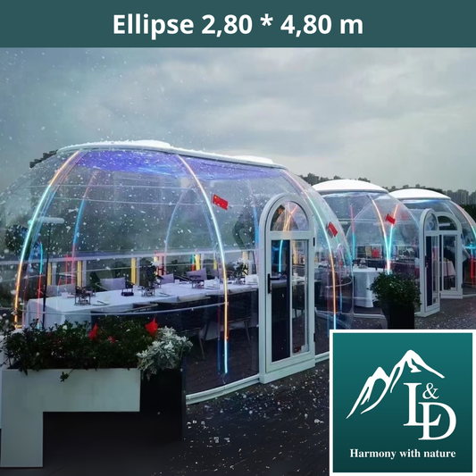 Oválná skleněná kopule z polykarbonátu o rozměrech 2,8 * 4,80 m, bublinová kopule, skleněný dům, skleněná kopule, zimní zahrada, skleněné iglú, vodotěsná, nárazuvzdorná, odolná vůči ohni, větru a sněhu