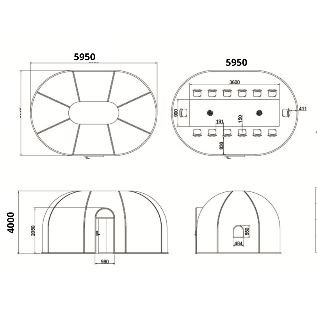 Ovale Glaskuppel aus Polycarbonat Größe 4,13 * 6,13 m, Bubble-Dome, Glashaus, Glasdome, Wintergarten, Glas-Iglu, wasserdicht, schlagfest, beständig gegen Feuer, Wind und Schneelast